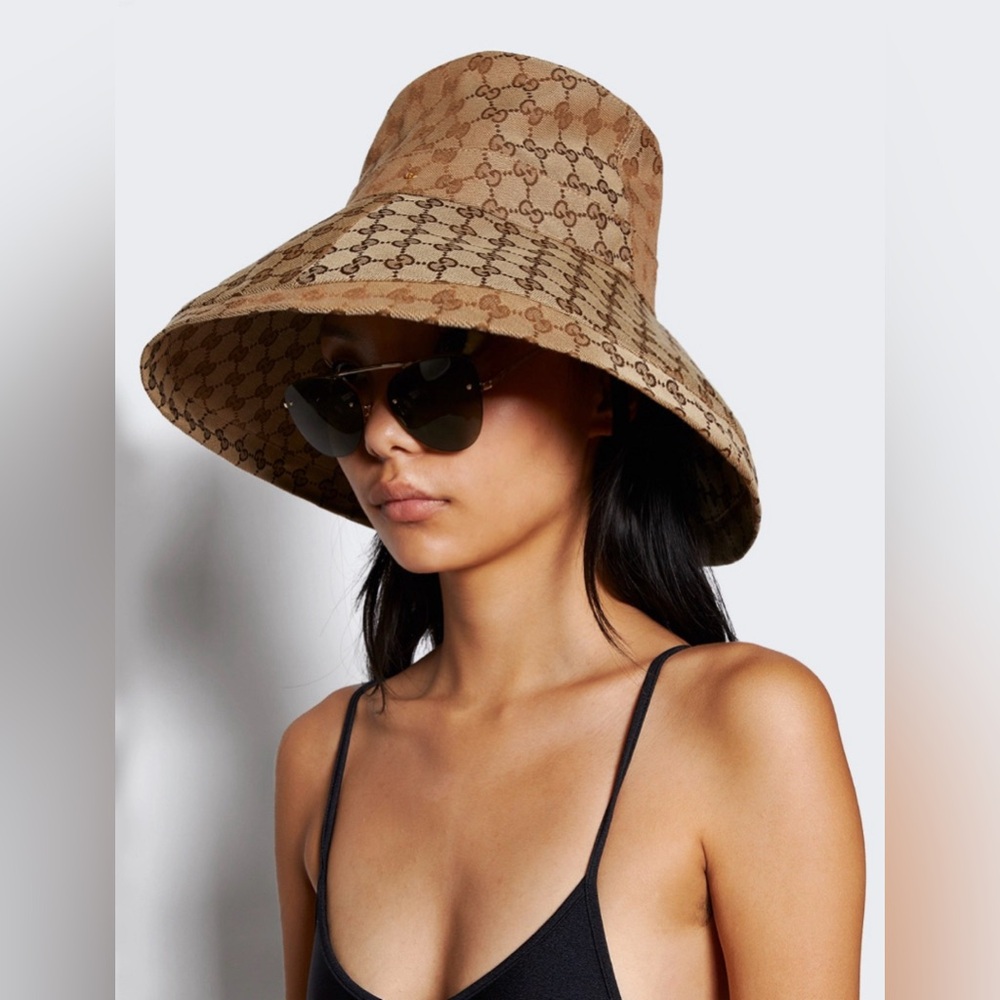 Beige Monogram Bucket Hat Wide Brim Large Jacquard Canvas Sun Coverage Beach New